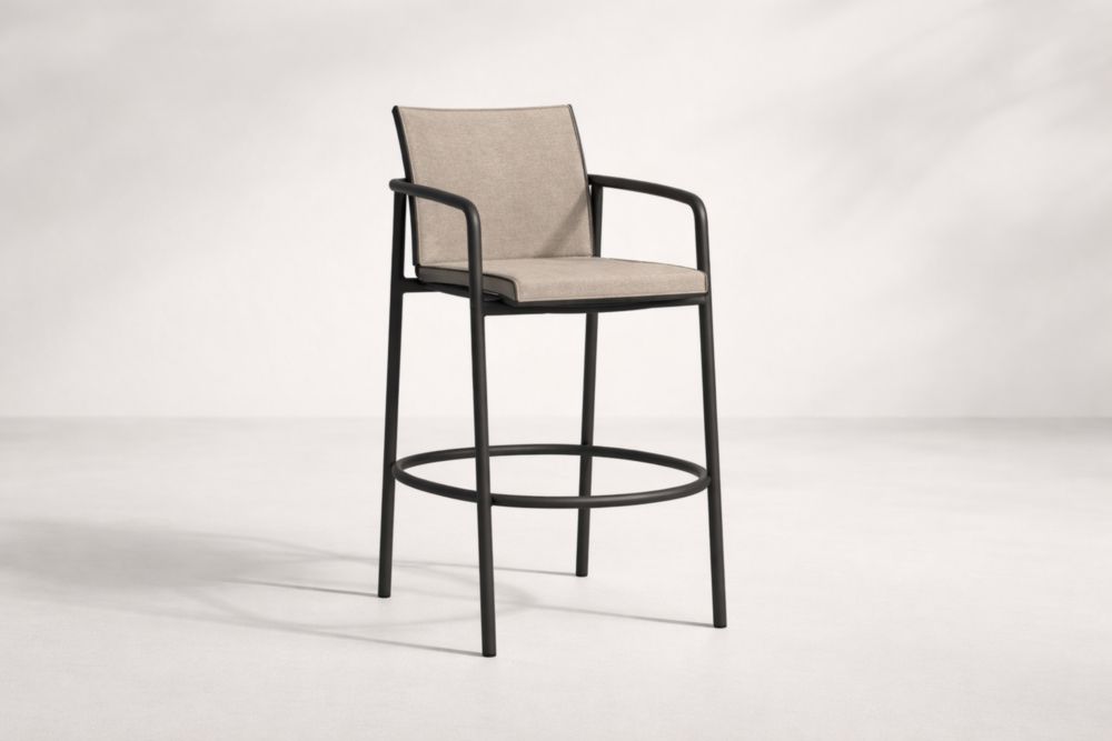 Tabouret de bar d'extérieur en aluminium noir avec coussin beige en polyester