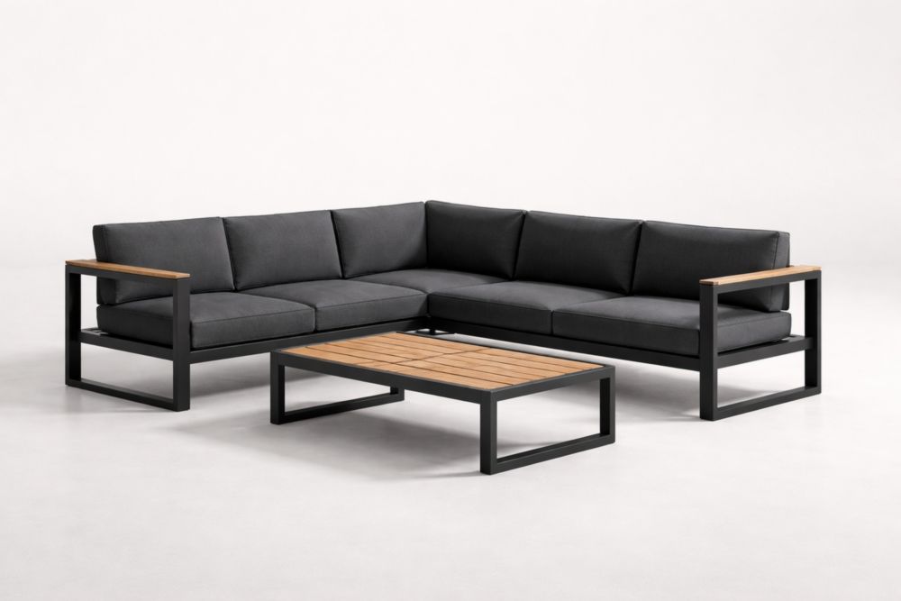 Ensemble de canapé d'extérieur en acier et bois massif avec coussins gris