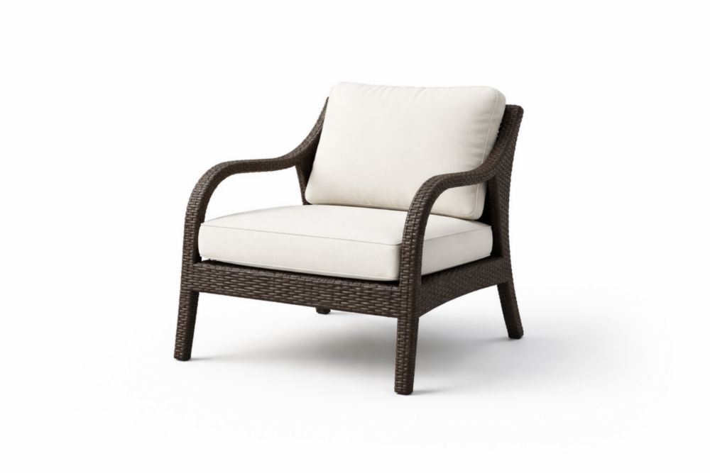 Fauteuil d'extérieur en résine tressée chocolat avec coussins crème