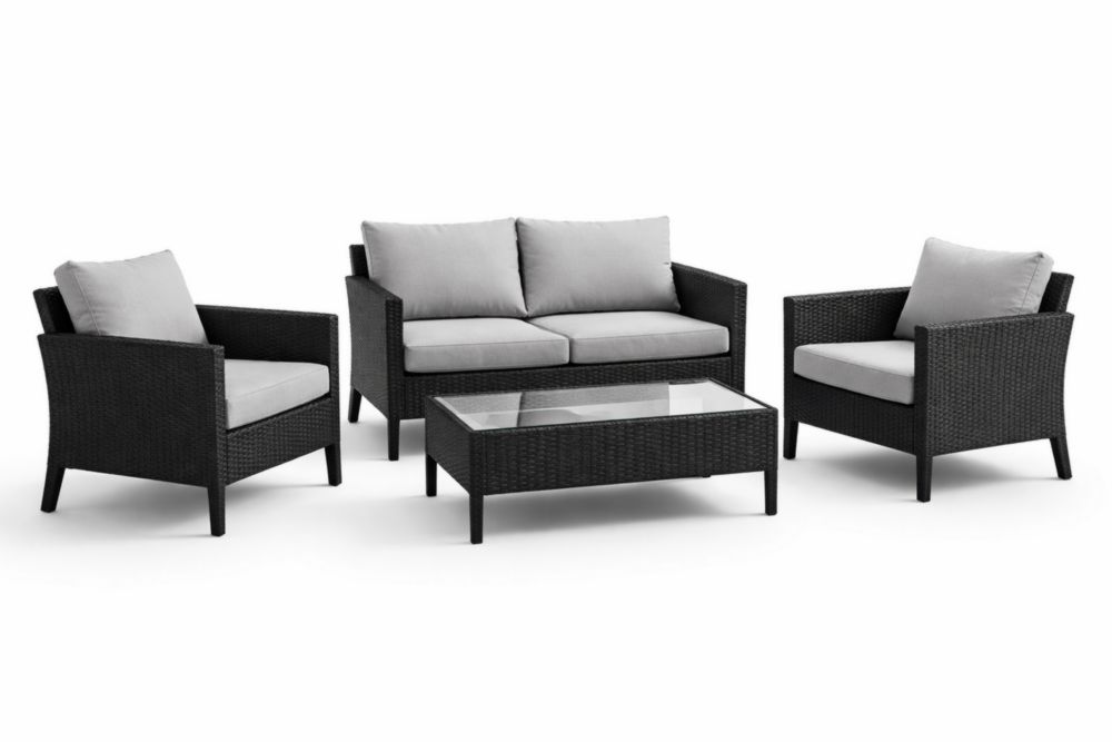 Ensemble de canapé d'extérieur en résine tressée noire avec coussins gris et table basse en verre