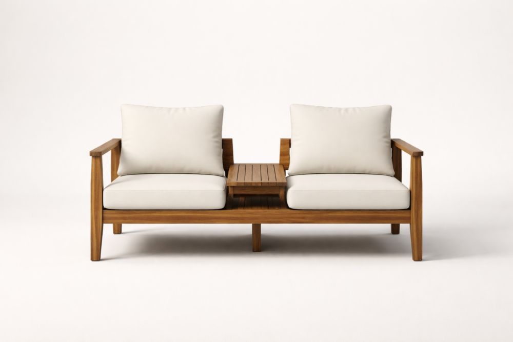 Canapé 2 places d'extérieur en teck avec coussins beiges et table intégrée