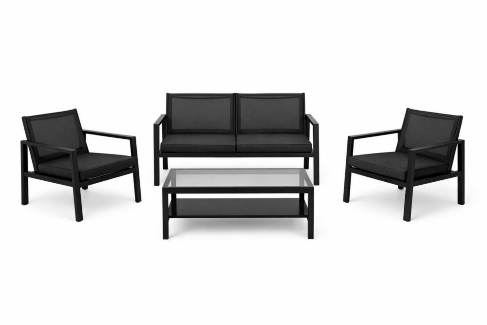 Ensemble de canapé d'extérieur en aluminium avec coussins en tissu polyester – Noir