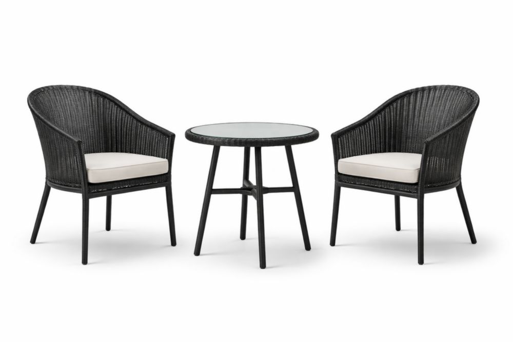 Ensemble de fauteuils d'extérieur en résine tressée avec coussins en polyester blanc et table en verre trempé