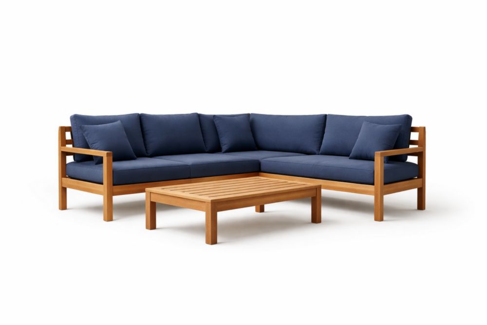 Canapé d'angle extérieur en bois d'acacia avec coussins bleus