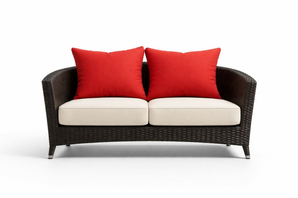 Canapé d'extérieur en rotin synthétique noir avec coussins rouges et blancs