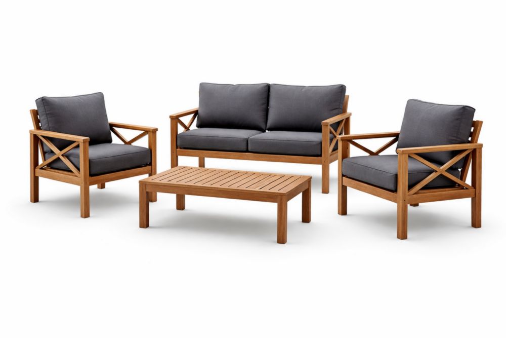 Ensemble de canapé d'extérieur en bois d'acacia avec coussins gris