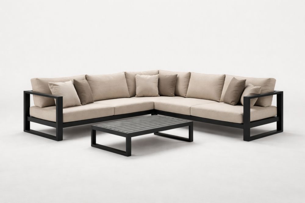 Ensemble de canapé d'angle d'extérieur en aluminium avec coussins en tissu – Noir