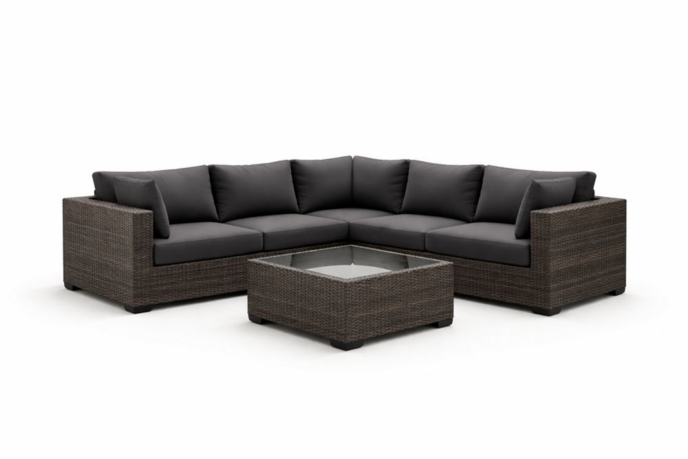 Ensemble de canapé d'extérieur en résine tressée grise avec coussins en polyester et table basse en verre