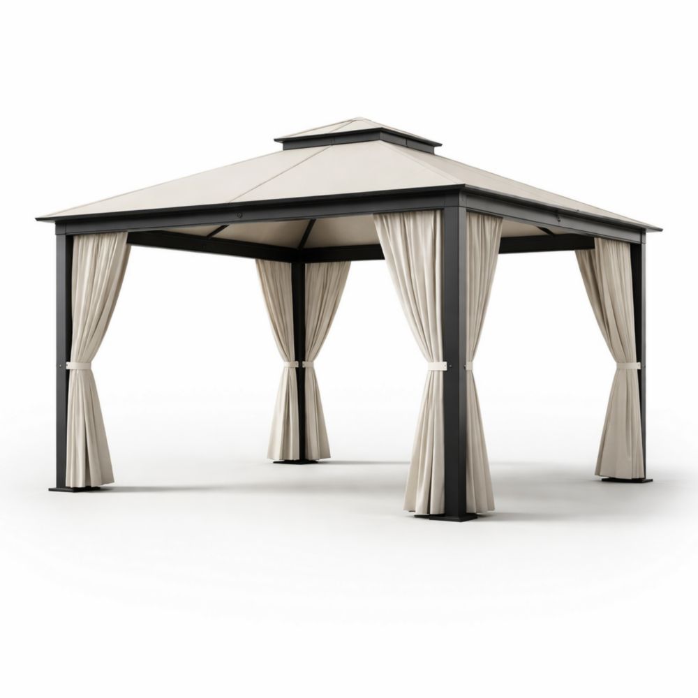 Pavillon de Jardin en Aluminium avec Rideaux en Polyester Beige 300x300cm