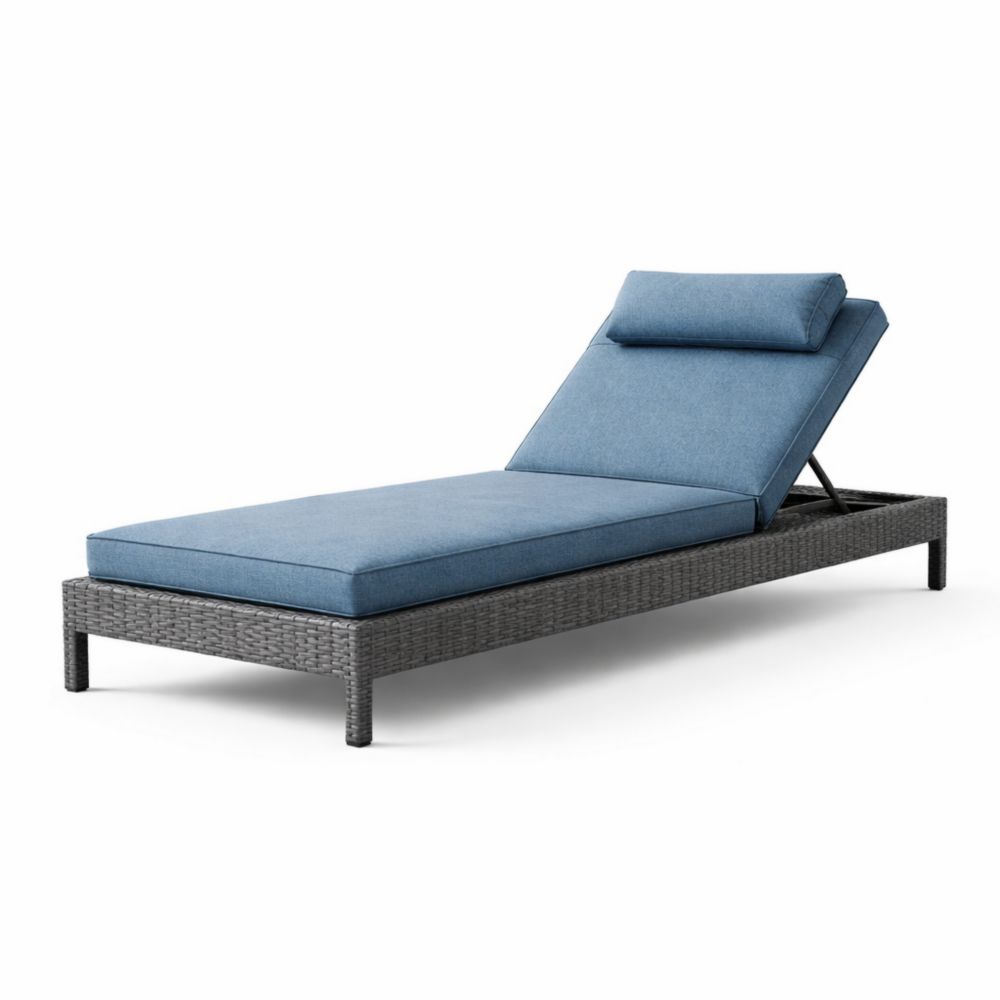 Chaise Longue Réglable Extérieure Résine Tressée Gris et Coussins Bleu