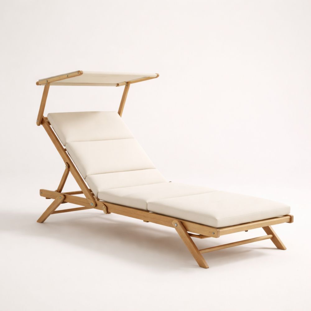 Chaise Longue Réglable avec Pare-Soleil Bois et Tissu Crème 200cm