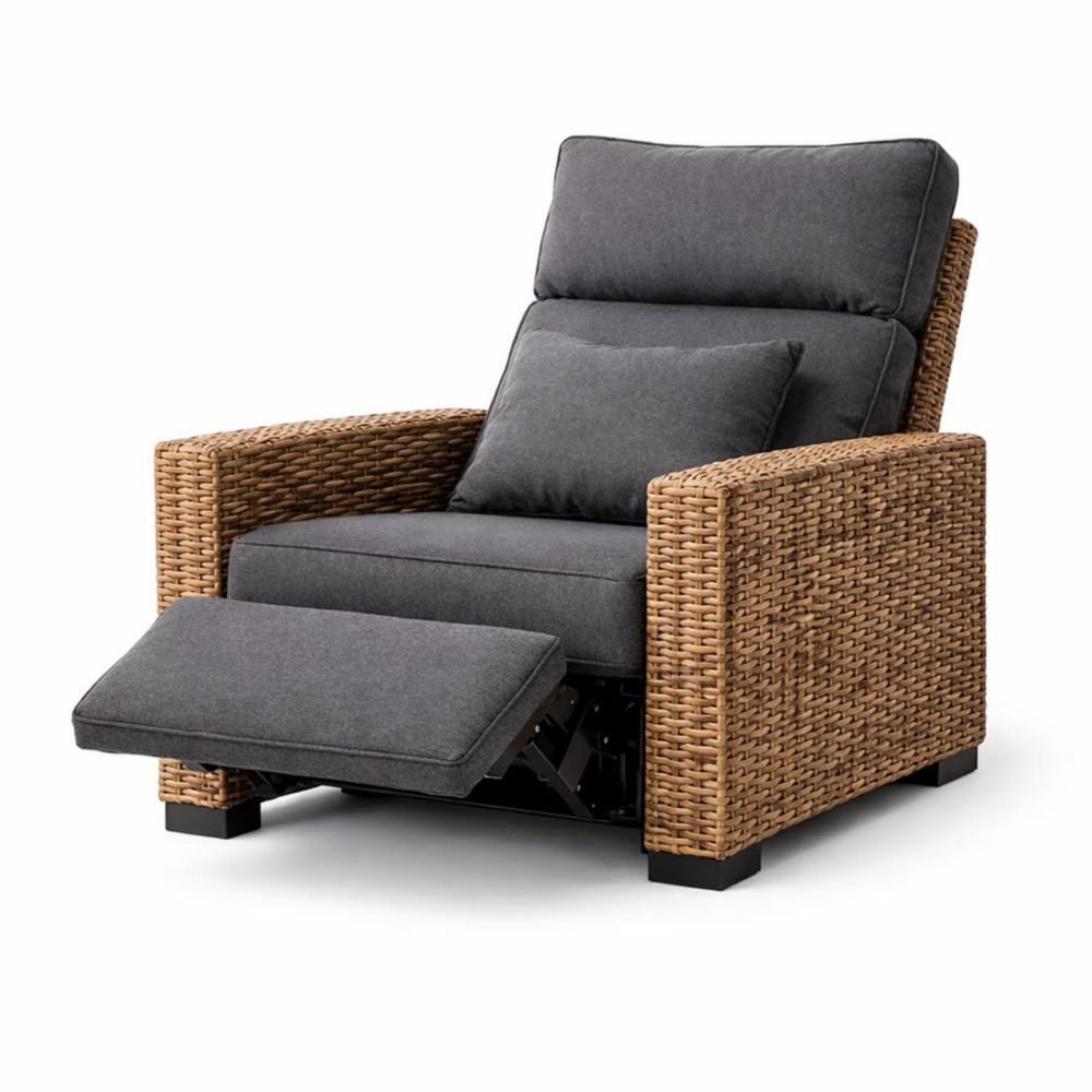 Fauteuil inclinable en résine tressée avec coussins en polyester gris
