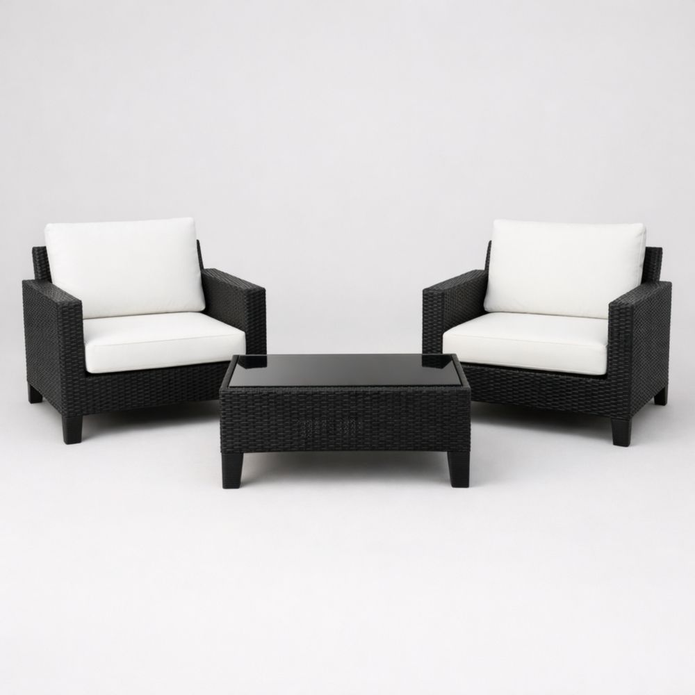 Ensemble mobilier de jardin résine tressée noir avec coussins polyester