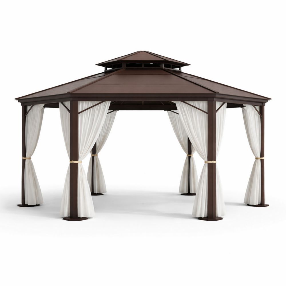 Tonnelle de jardin en aluminium marron avec rideaux en polyester