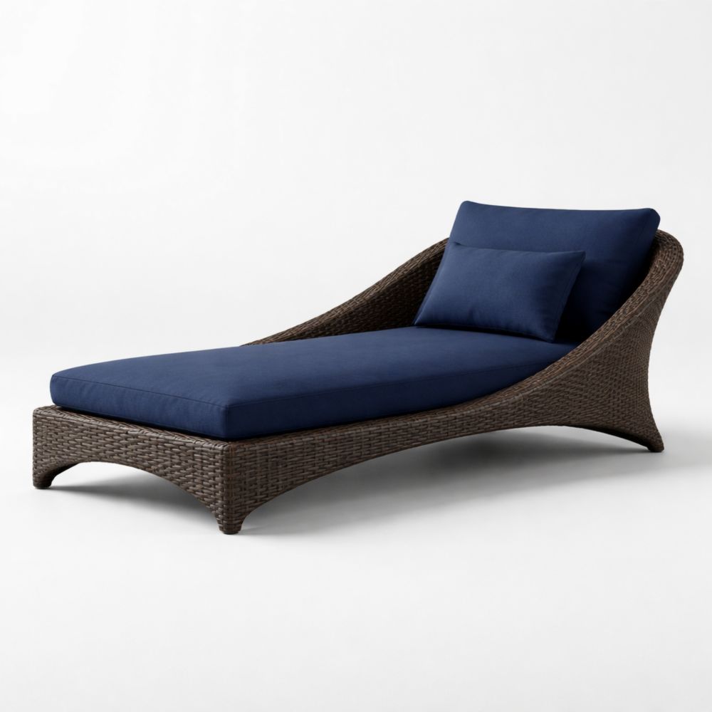 Chaise Longue en Résine Tressée Marron avec Coussins Bleus
