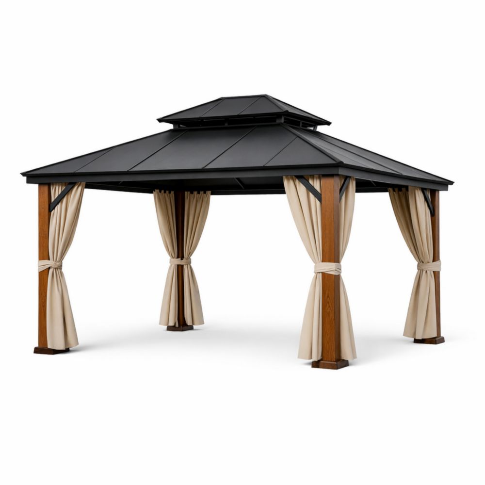 Pavillon de jardin toit en acier marron/noir panneaux bois polyester 300x400 cm