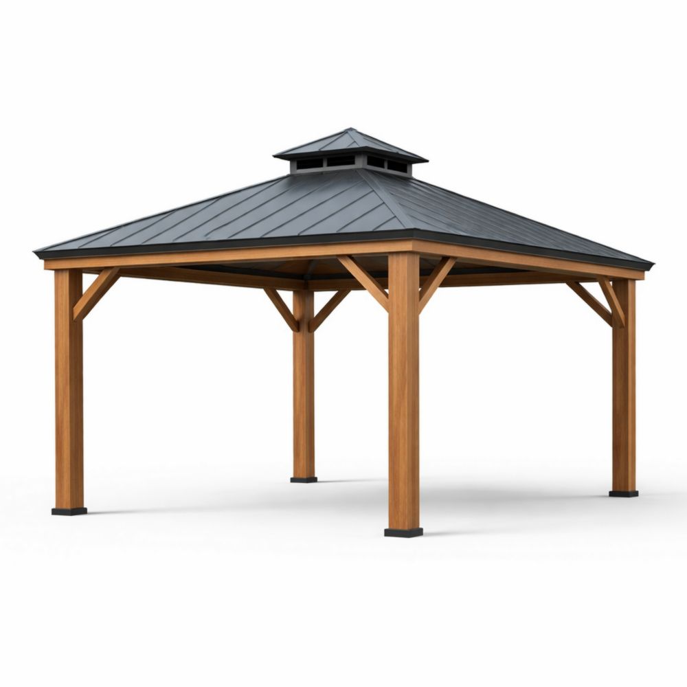 Pavillon en bois massif et métal 3x3.6x3.1m toit pyramidal