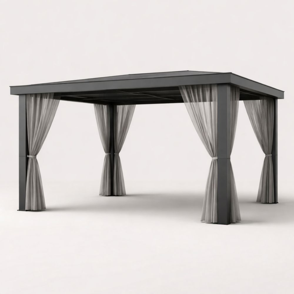 Pavillon Pergola en Aluminium avec Rideaux en Polyester Gris