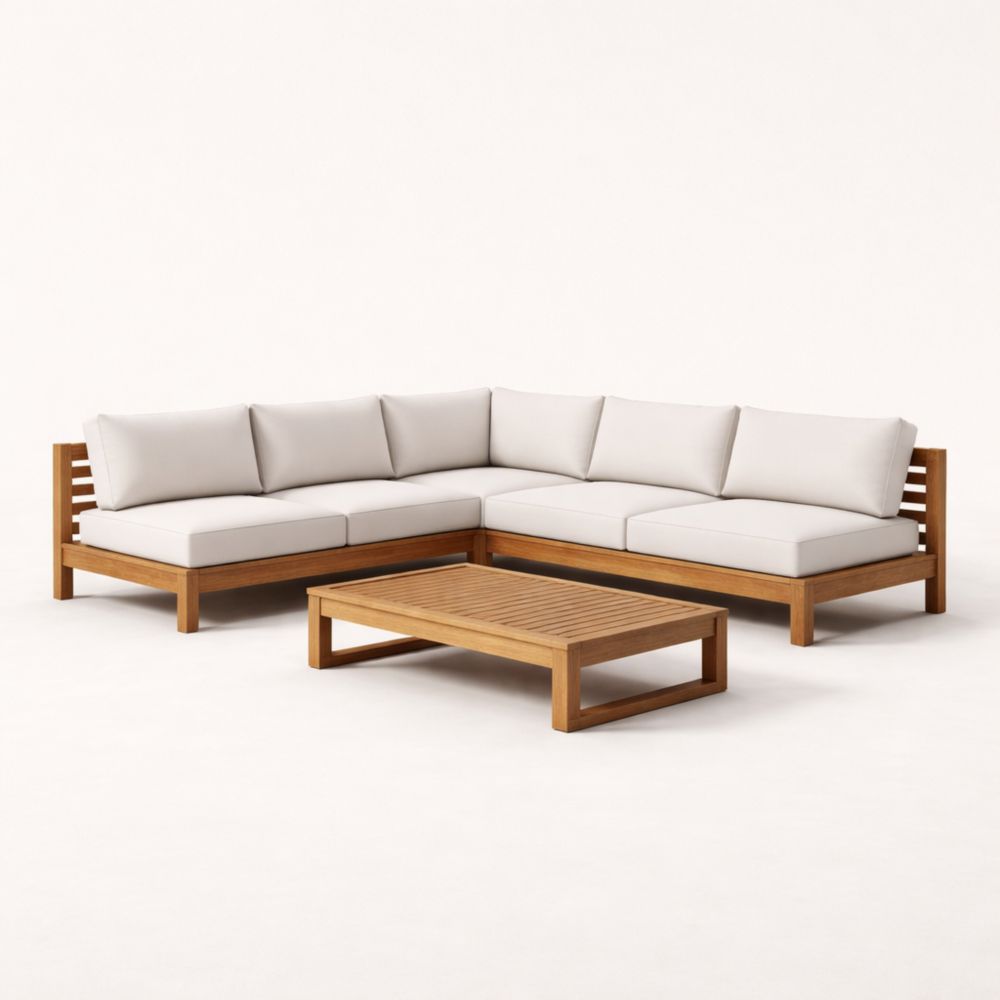 Canapé d'angle extérieur en bois avec coussins beiges