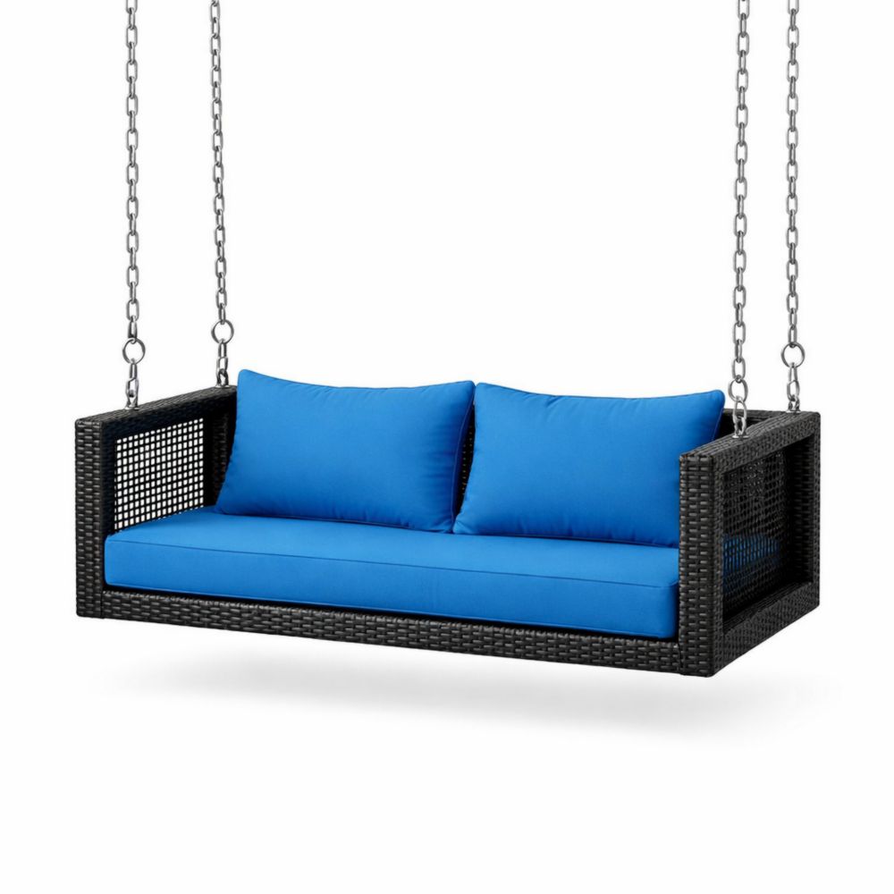 Balancelle en résine tressée noire avec coussins bleus