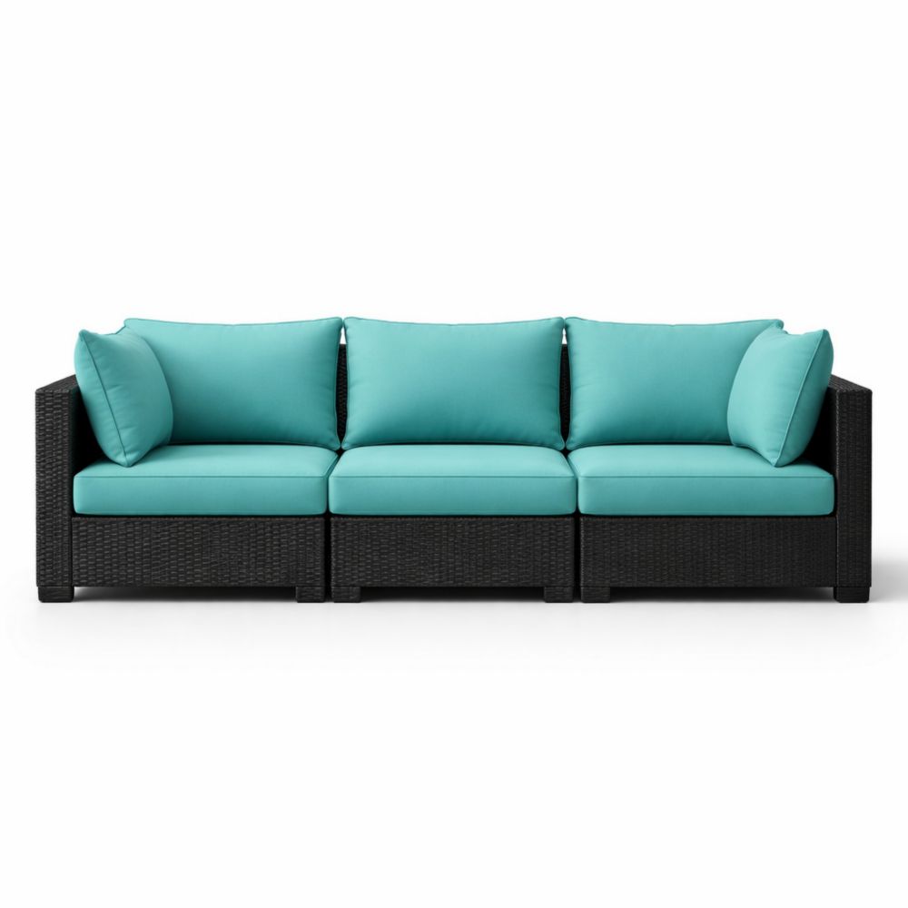 Canapé extérieur 3 places en résine tressée avec coussins turquoise