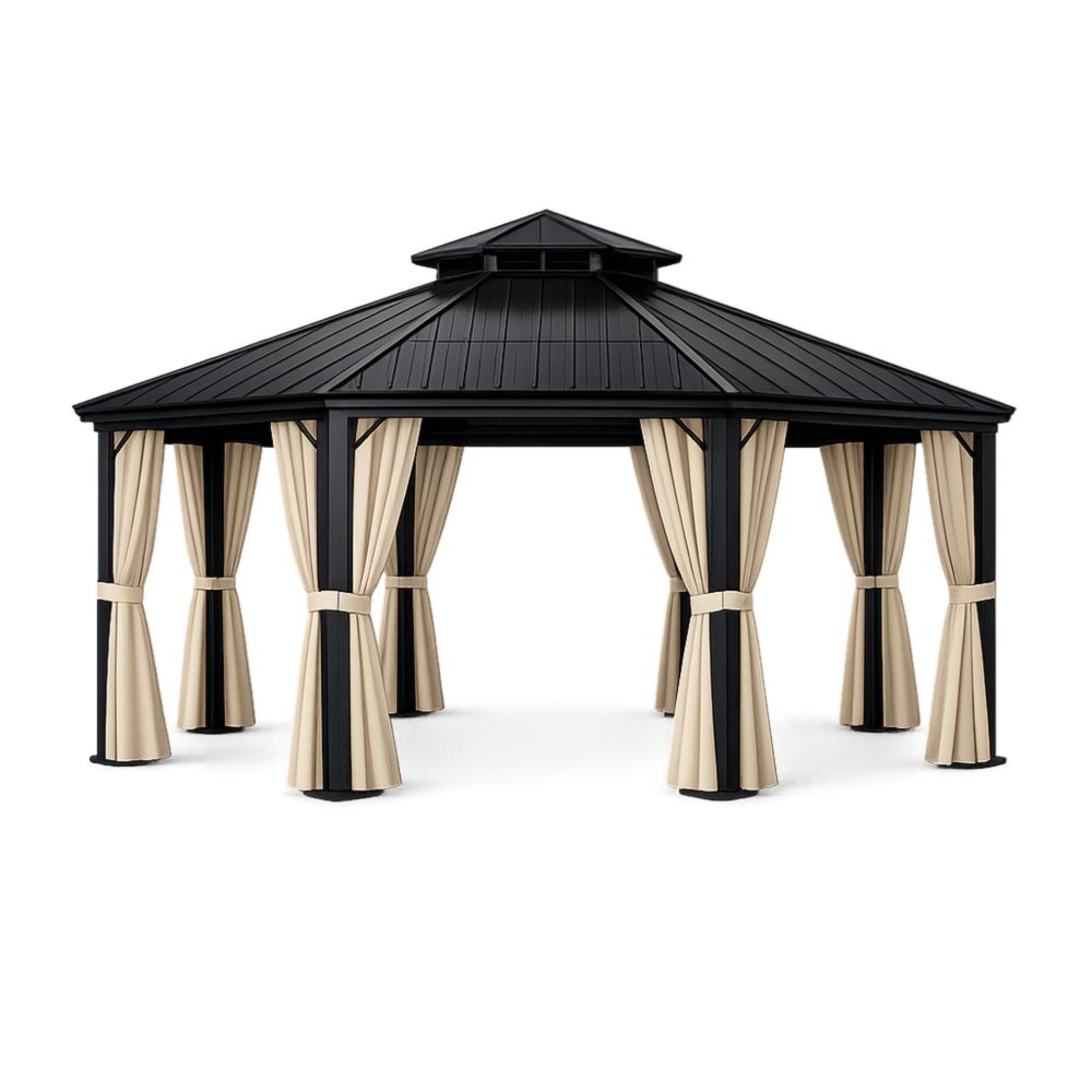 Tonnelle de Jardin en Aluminium Noir avec Rideaux en Polyester Beige