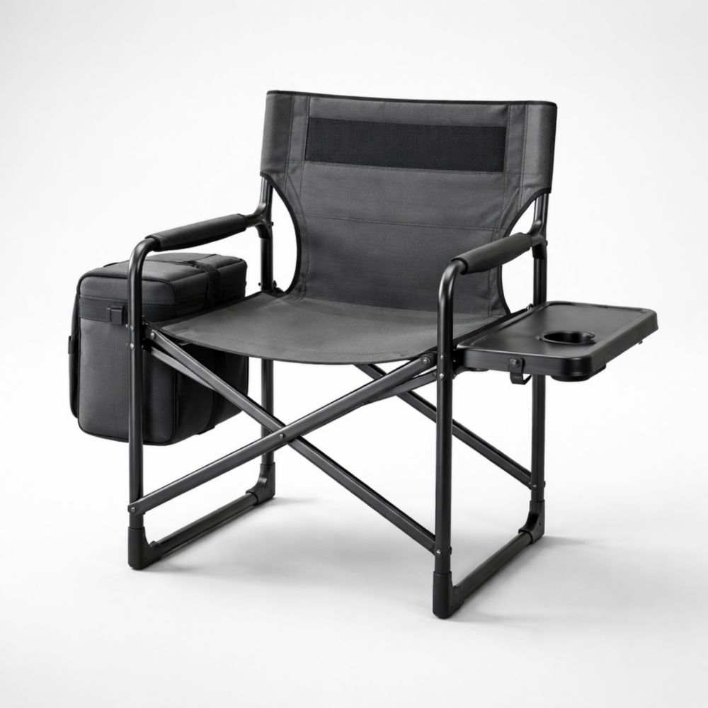 Chaise pliante en acier et polyester noir avec tablette