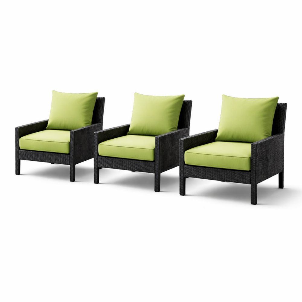 Ensemble de 3 Fauteuils en Résine Tressée Noir avec Coussins Verts