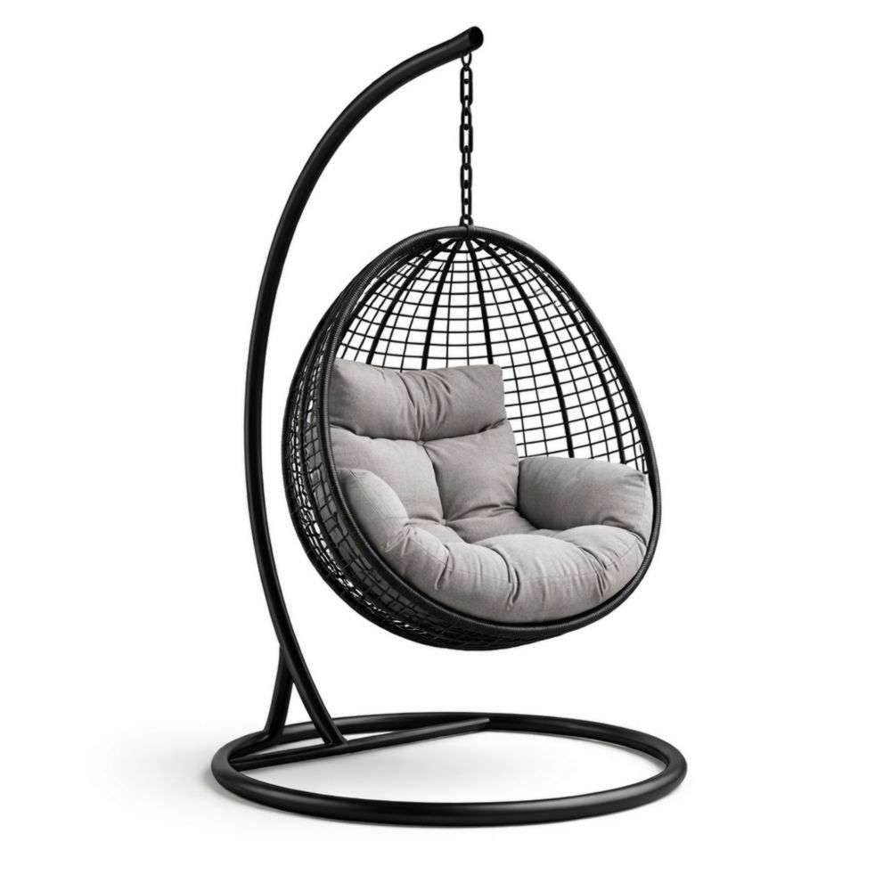 Chaise suspendue en rotin synthétique noir avec coussin gris structure métal