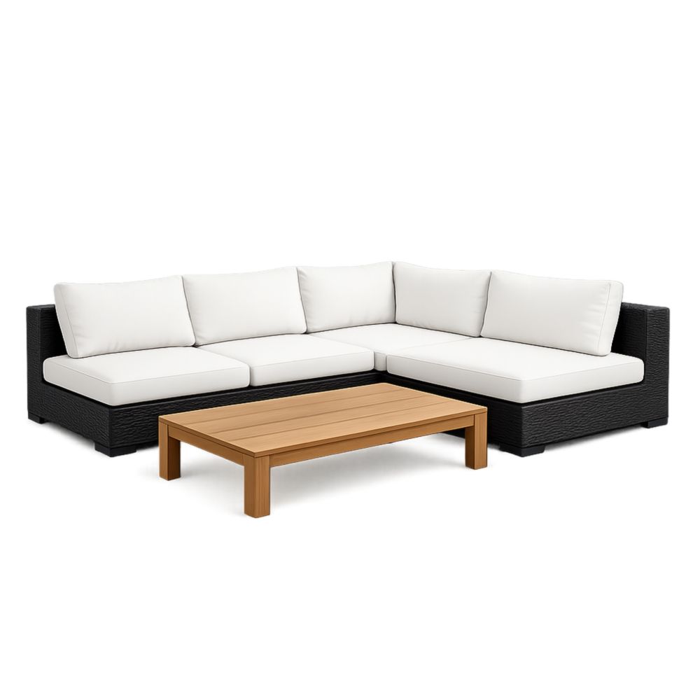 Ensemble de Jardin en Résine Tressée Noir et Bois avec Coussin en Polyester Blanc