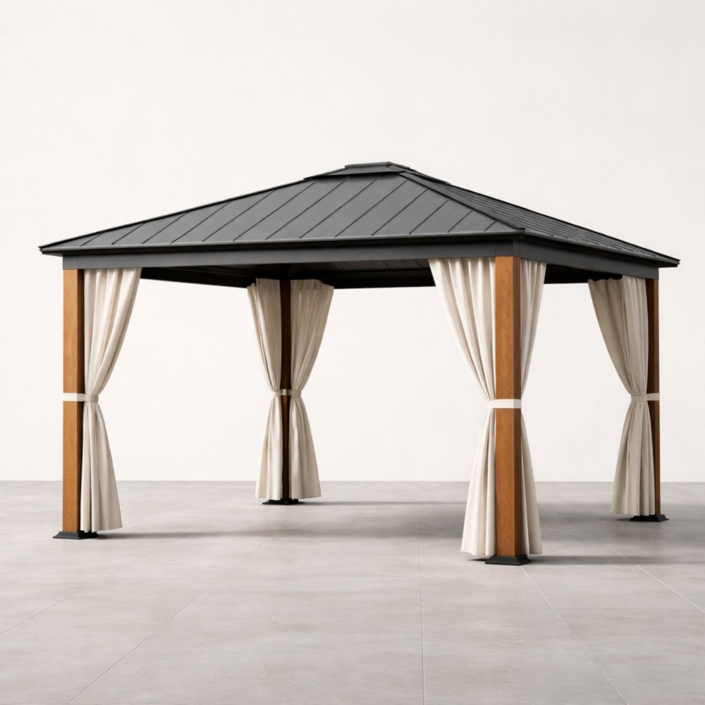 Pavillon de jardin en bois et métal avec toit et rideaux en polyester