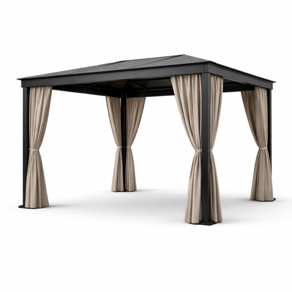 Pergola Aluminium Rectangulaire 3x4m Toit Polycarbonate Rideaux Beige