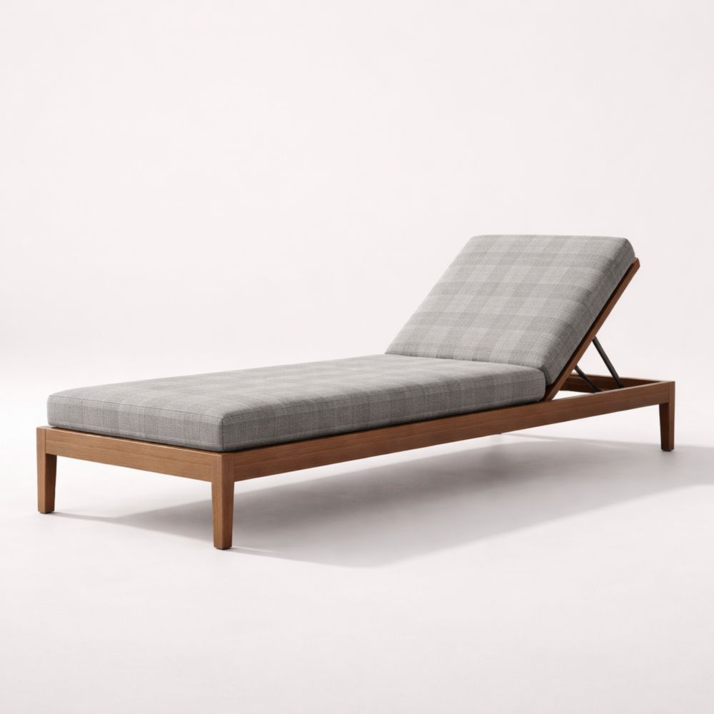 Chaise Longue en Bois de Teck avec Tissu Polyester Gris