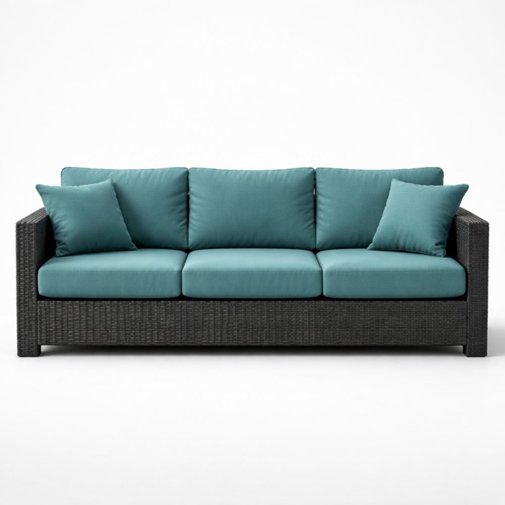 Canapé 3 Places en Résine Tressée Noir avec Coussins Turquoise