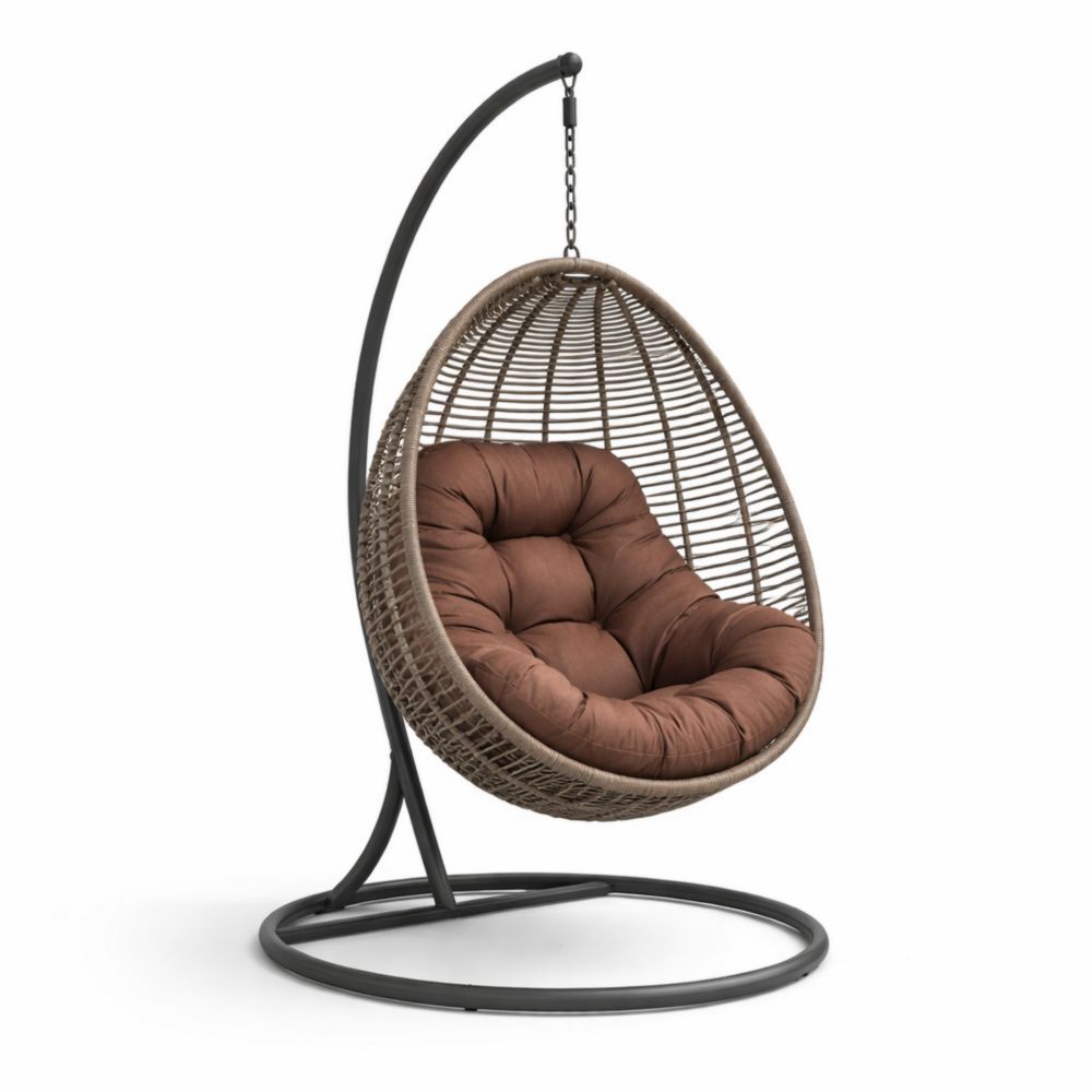 Chaise suspendue en résine tressée avec coussin marron et structure en métal