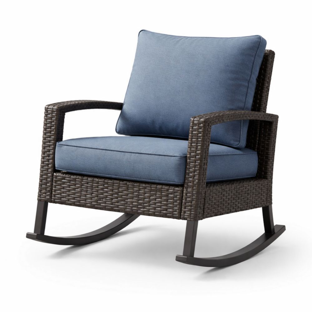 Fauteuil à bascule en résine tressée avec coussins en polyester bleu