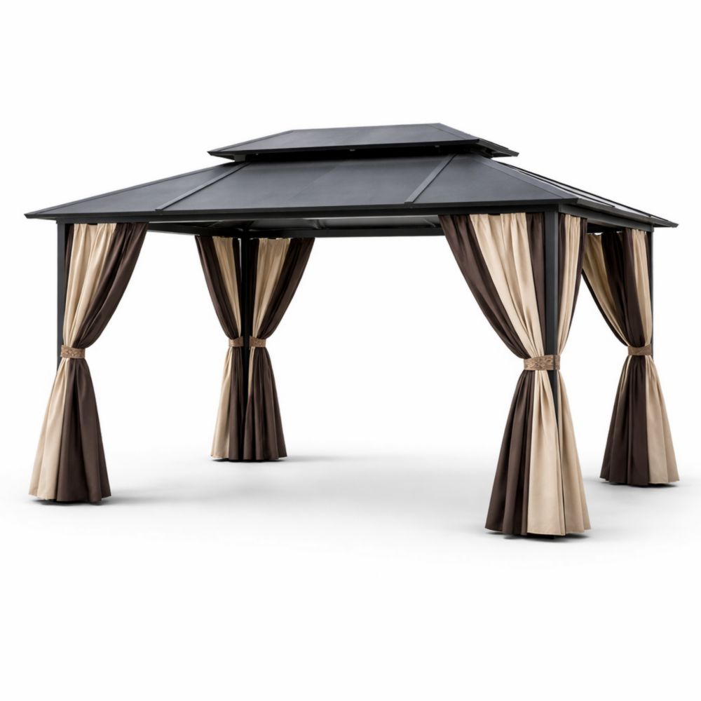 Pavillon de Jardin en Métal avec Toit Double et Rideaux Beige/Marron 3x3m