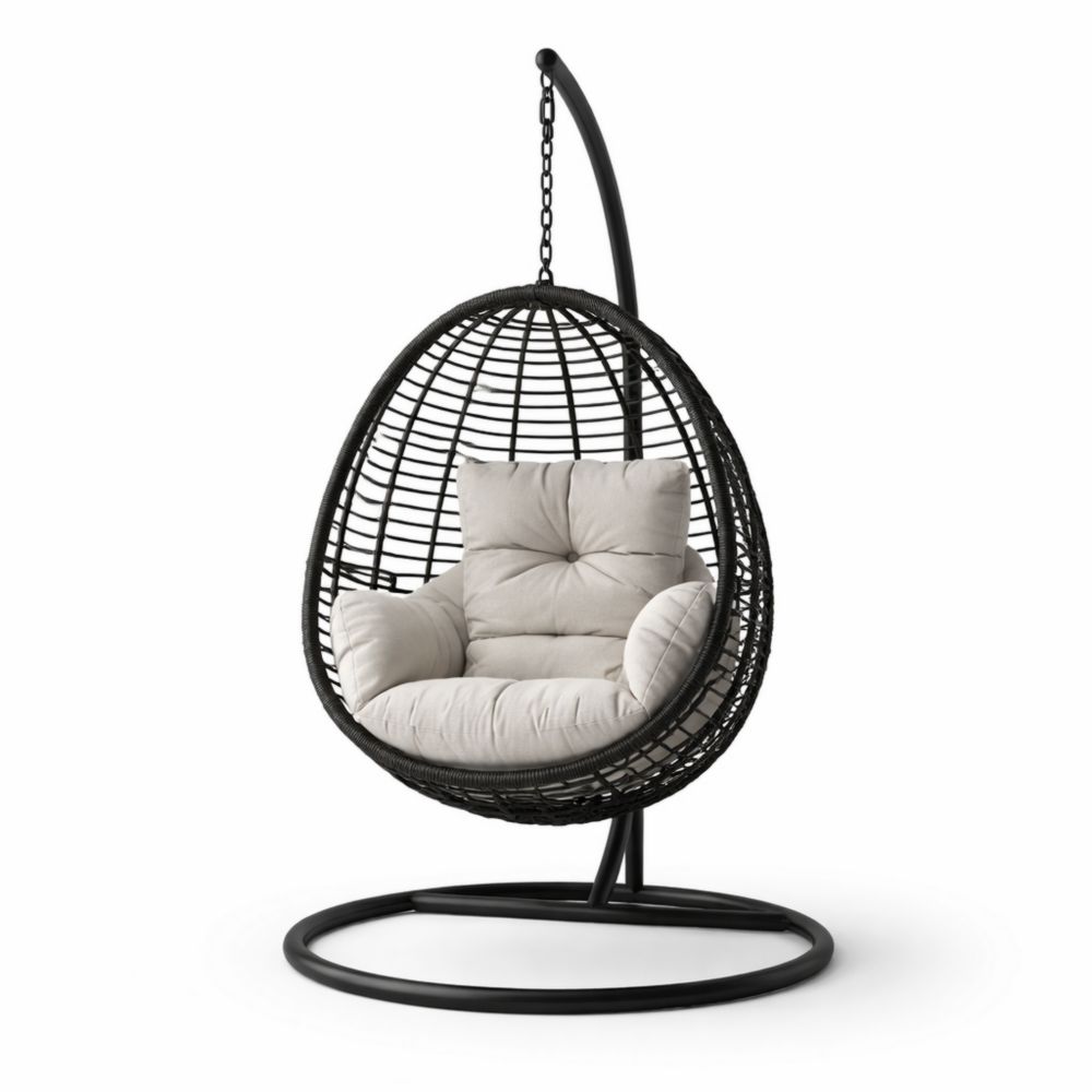 Fauteuil Suspendu en Rotin Noir avec Coussin Blanc