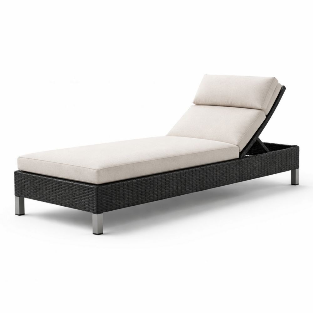 Chaise Longue Réglable Rotin Synthétique Noir et Coussins Beiges