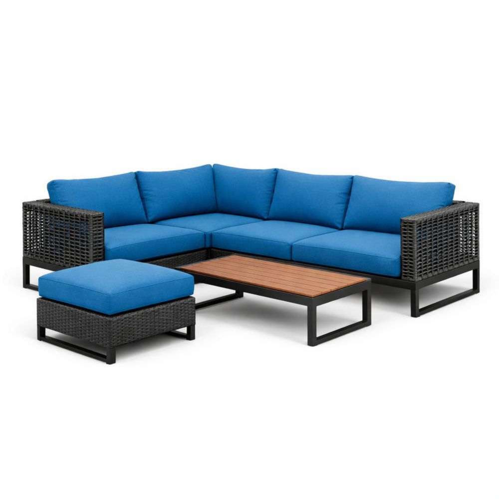 Ensemble de canapé d'angle en aluminium et résine avec coussins bleus et table basse en bois