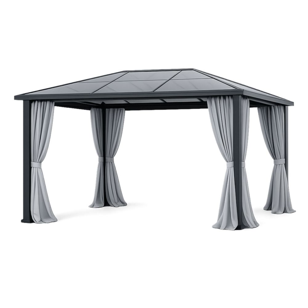 Tonnelle extérieure en aluminium avec toit en polycarbonate et rideaux en polyester 300x400 cm