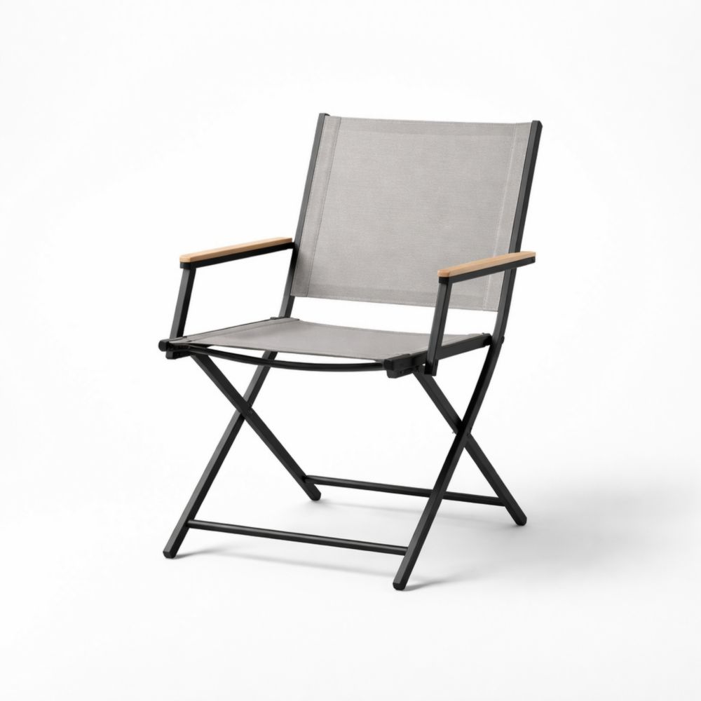 Chaise pliante en acier noir et tissu polyester gris avec accoudoirs en bois