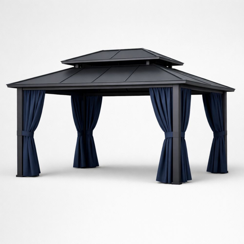 Pavillon de jardin en Aluminium et Acier avec Rideaux en Polyester Bleu 300x400cm
