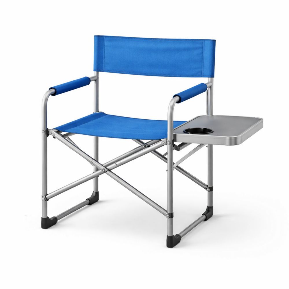 Chaise pliante en aluminium et tissu bleu avec plateau et porte-gobelet