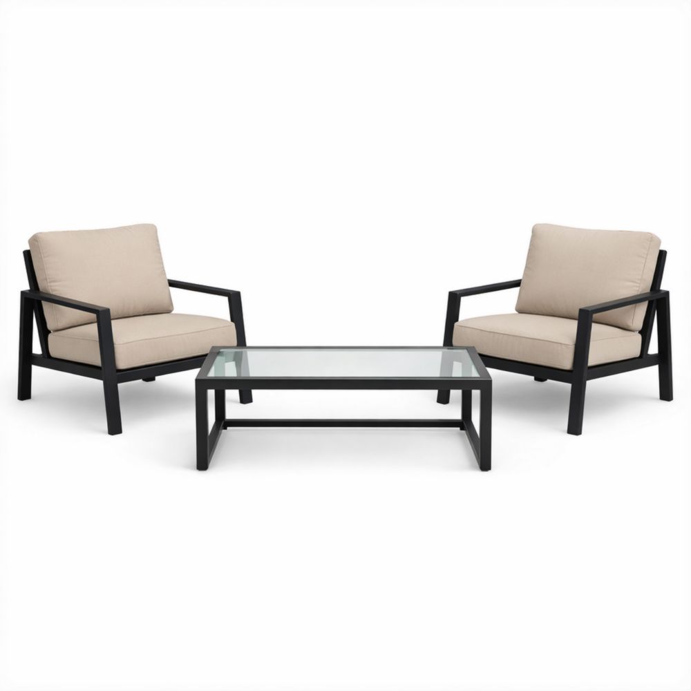 Ensemble de salon de jardin 3 pièces aluminium noir coussins beige verre trempé