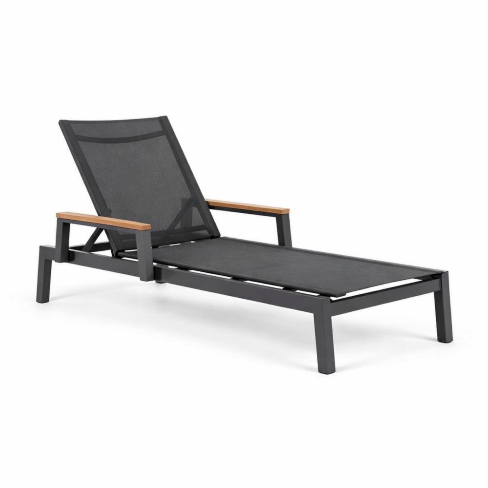 Chaise longue de jardin en aluminium noir avec textile et accoudoirs en teck 200x65x35 cm