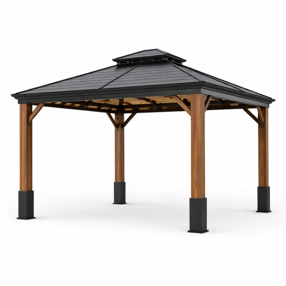 Tonnelle de Jardin en Aluminium et Bois 350x350 cm Toit Noir