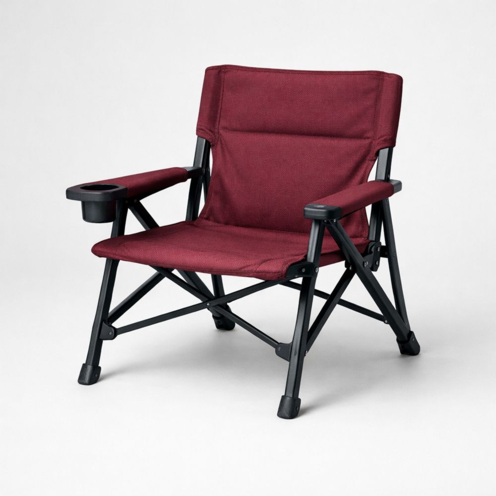 Chaise pliante bordeaux en polyester et acier avec porte-gobelet