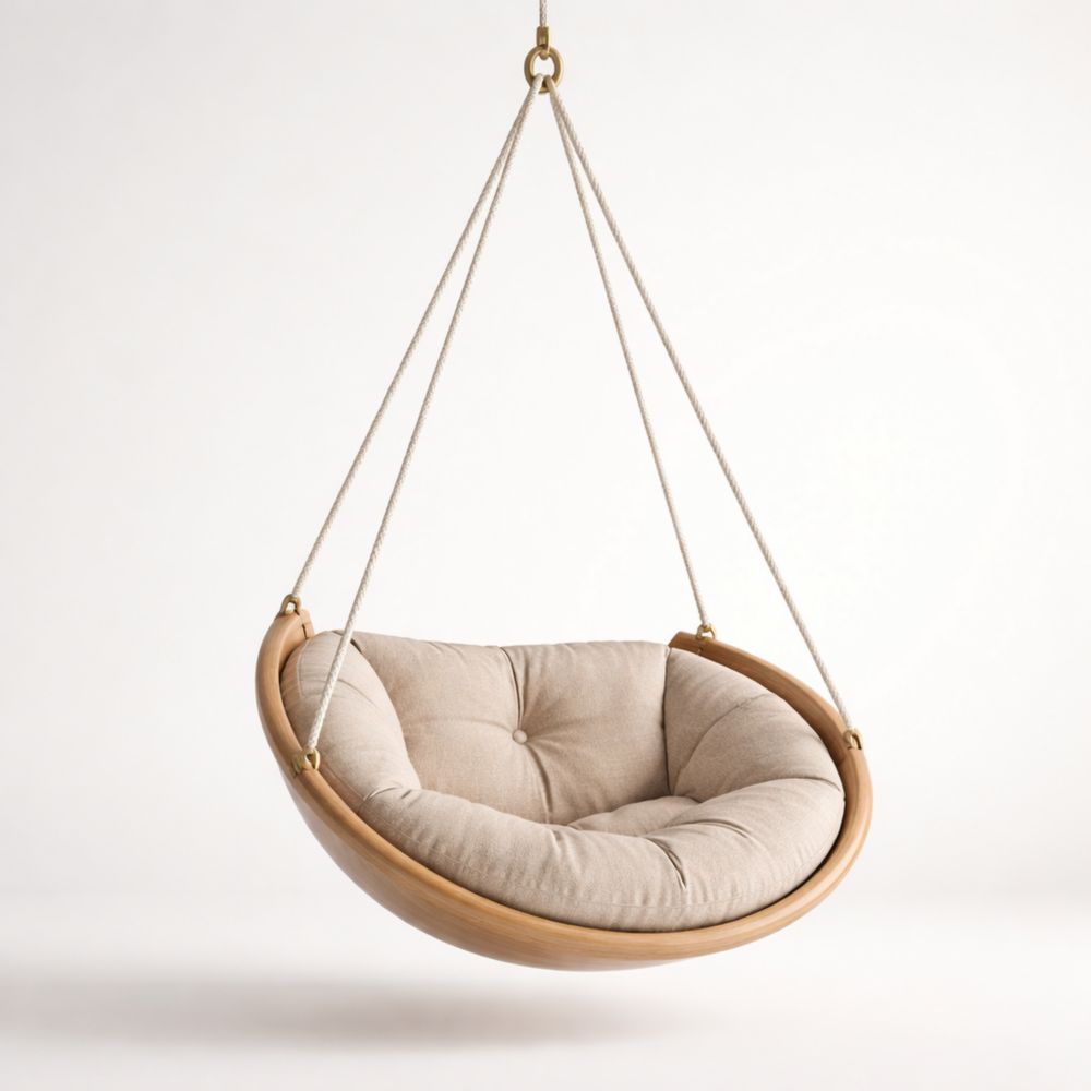 Chaise Hamac Suspendue Ronde Bois et Coton Beige Ø 100 cm