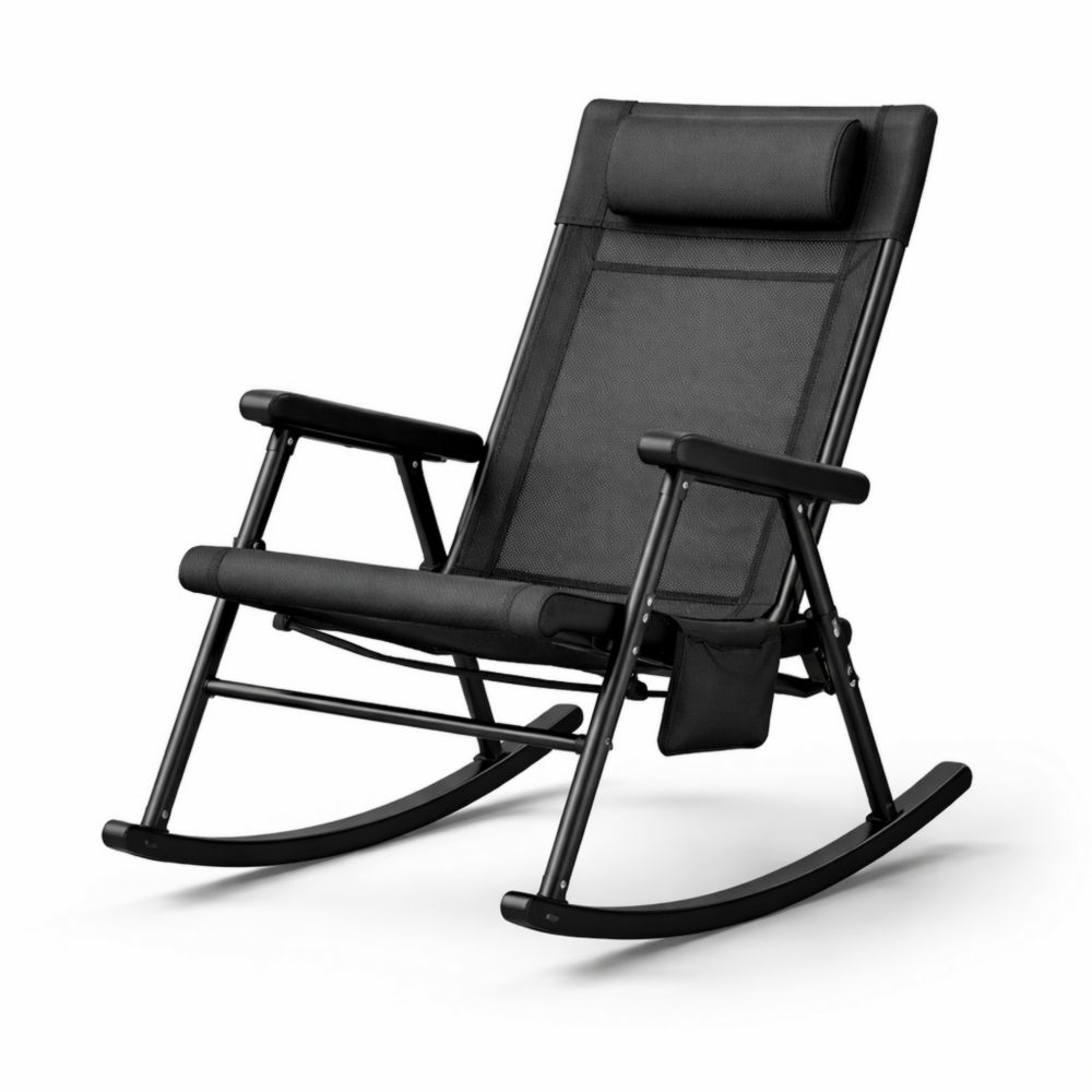 Fauteuil à Bascule en Aluminium et Tissu Noir avec Appuie-tête